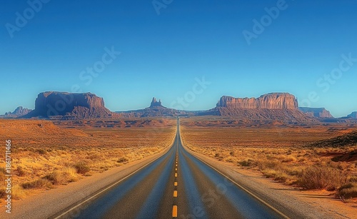 Endless straight highway through red rock desert toward distant mesas and buttes under a clear blue sky, evoking solitude, freedom and open-road adventure