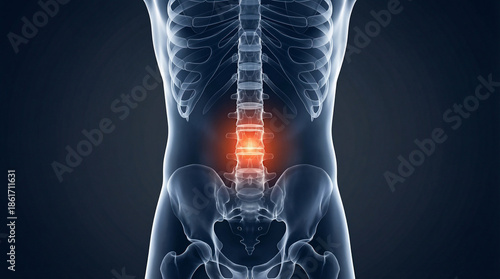 Human Anatomy, Revealing Lumbar Spine Pain with a Glowing Highlight, a Detailed Medical Illustration of the Skeletal System on a Dark Background