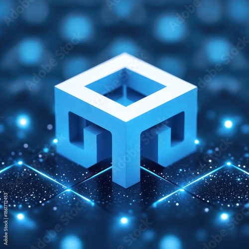 futuristic blue 3d hollow geometric cube hovering above a glowing digital grid with sparkling particles and neon reflections