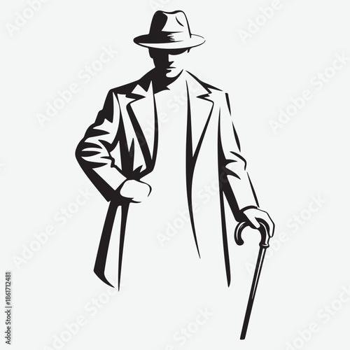 Vintage illustration of a man in a coat and hat with a cane