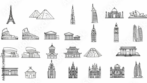 Collection of Famous World Landmarks and Architectural Wonders Hand Drawn Sketch Style.