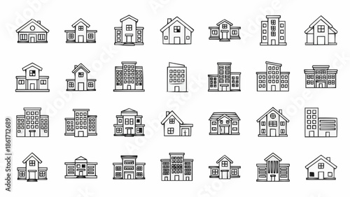 Collection of Diverse Architectural Building Styles Hand Drawn Line Art Icons.