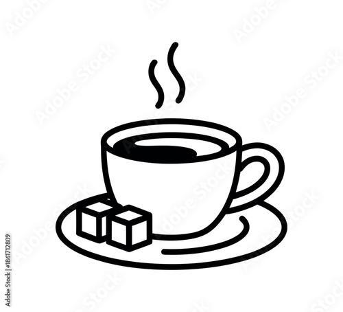 A cup of hot coffee with sugar cubes on a saucer, ready to be served.