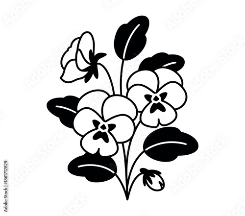 A simple line drawing of a cluster of pansy flowers and leaves.