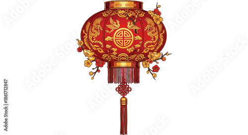 Traditional Chinese Red Lantern with Golden Dragon and Floral Embellishments, Symbolizing Good Fortune and Prosperity
