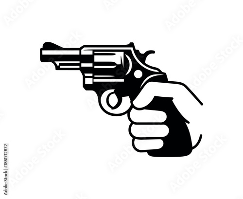 A hand holds a black revolver on a white background.