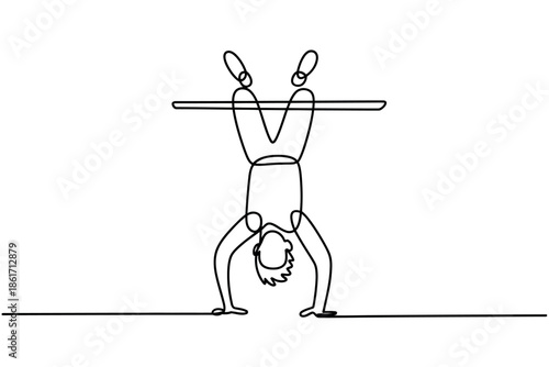 A person performs a handstand on a horizontal bar with their legs extended upwards in a continuous line drawing.
