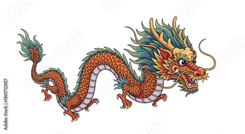 Vibrantly colored traditional Asian dragon illustration, symbolizing power, good fortune, and mythical strength in an ancient cultural context, perfect for festive designs and cultural projects