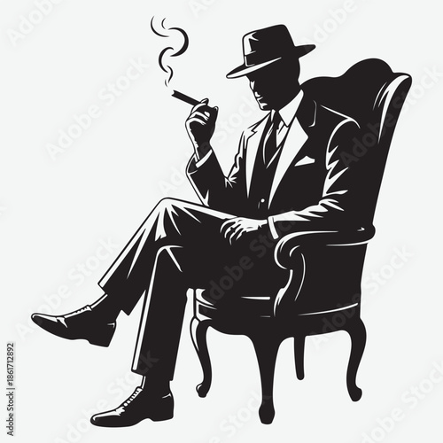 A man in a suit sitting in a chair smoking a cigarette