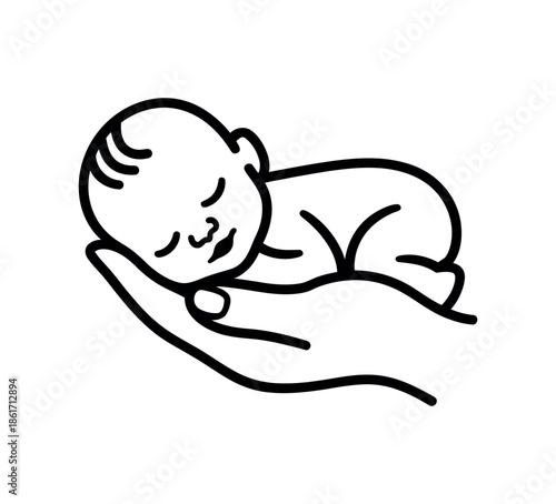 A gentle hand cradles a sleeping newborn baby in a simple line drawing.