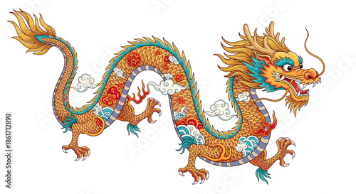 Vibrant illustration of a traditional Chinese dragon with intricate details and swirling clouds, symbolizing power and good fortune