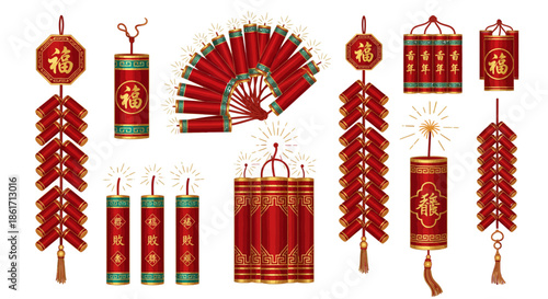 Vibrant collection of traditional Chinese New Year firecrackers and decorative lanterns, symbolizing prosperity, good fortune, and festive cultural celebration