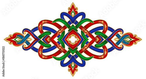 Intricate Celtic knotwork design with vibrant red, blue, and green interwoven patterns and gold accents, representing unity and infinity