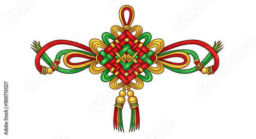 Intricate Chinese lucky knot ornament in vibrant red, green, and gold colors, symbolizing good fortune and cultural heritage, a traditional decorative art piece