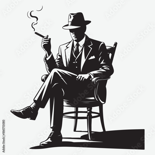 A man in a suit and fedora sitting in a chair smoking a cigar
