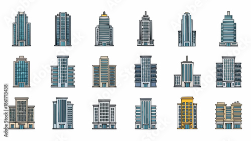 Collection of Diverse Modern Office Buildings and Skyscrapers in a Grid Layout.