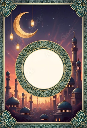 Ornate Ramadan greeting card template with mosque skyline, crescent moon, and central circular frame.