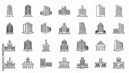 Collection of Diverse Architectural Building Sketches and Icons.