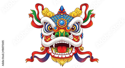 Traditional Chinese Dragon Head Illustration with Vibrant Colors and Intricate Details, Celebrating Asian Culture and Festivities