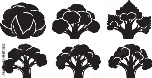 Collection of healthy vegetable silhouettes featuring broccoli, cauliflower, and cabbage