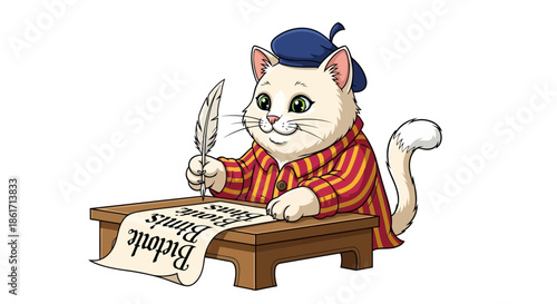 Cute cartoon cat writer in traditional costume, historical clothing writing letter, scroll with feather pen, quill at wooden desk, table on white background