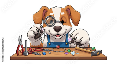 Cute cartoon puppy dog jeweler making handmade necklaces, bracelets with precious shiny gems on wooden table, craftsman, artisan working on custom jewelry design