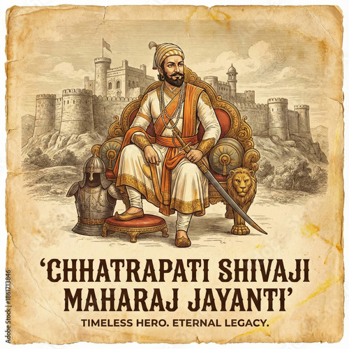 Chhatrapati Shivaji Maharaj Jayanti vintage illustration with fortress and armor Indian history Maratha Empire