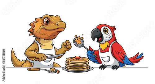 Cute cartoon bearded dragon lizard, parrot wearing aprons preparing, cooking breakfast, pancakes with syrup, butter on wooden table, cooking show, culinary