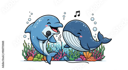 Cute cartoon dolphin and whale singing, performing on stage under water, sea, ocean with microphone, bubbles, coral, seaweed, marine life, underwater world