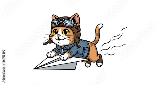 Cute cartoon cat character pilot flying paper airplane in air wearing aviator hat and goggles happy animal playing with toy jet creative childhood fun concept