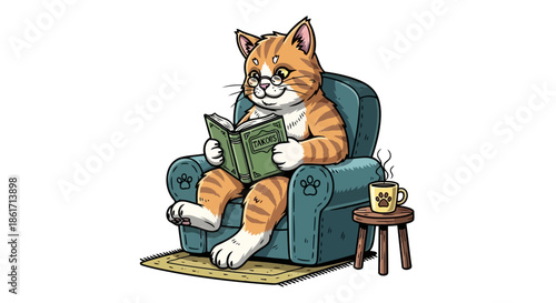 Cute cartoon cat character reading book in armchair with cup of hot beverage on side table cozy home scene with pet enjoying literature in comfort