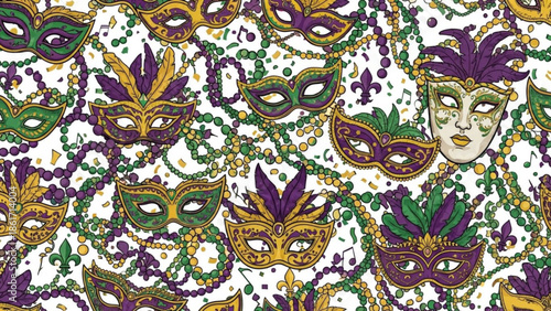 Mardi gras festive colorful mask and bead pattern for party decoration and celebration