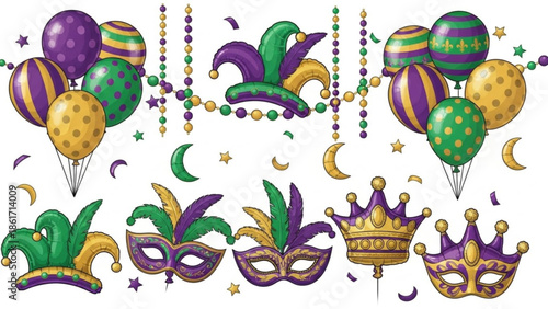 Mardi gras party elements with colorful balloons, masks, beads, crowns, and confetti on white background for festive celebrations and events