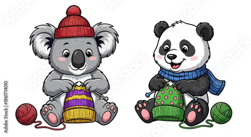 Cute koala with red beanie and panda with blue scarf knitting colorful hats with yarn balls illustration isolated on white background