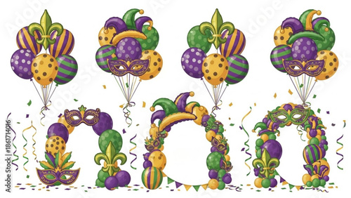 Mardi gras decorations with colorful balloons and masks on white background for festive events and celebrations