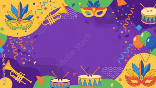 Vibrant mardi gras carnival party background with colorful masks, musical instruments, balloons and confetti on purple
