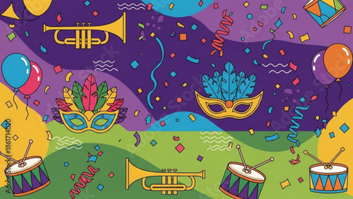 Vibrant mardi gras celebration background with colorful masks, musical instruments, balloons and confetti, festive party design elements