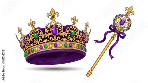 Luxurious purple crown and scepter with gold filigree and precious stones on white background royal symbols of power and elegance