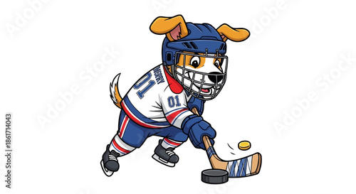 Cute dog playing ice hockey, wearing a blue helmet and full uniform, holding a stick and hitting a puck isolated on a white background in cartoon style