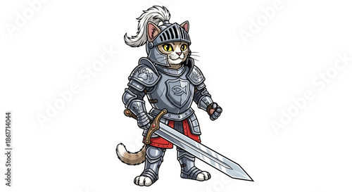 Cartoon cat knight in full shining armor, holding a large sword, standing heroically, depicting bravery and strength, isolated on a clean white background