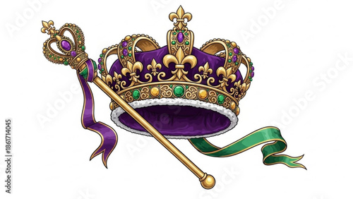 Ornate purple crown with gold accents and jewels alongside a scepter on white background for royalty or monarch concepts