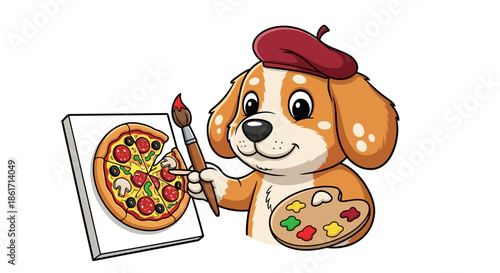 Cute cartoon dog dressed as an artist wearing a beret, holding a paintbrush and a painter's palette, standing next to a pizza on a white box, isolated on white background