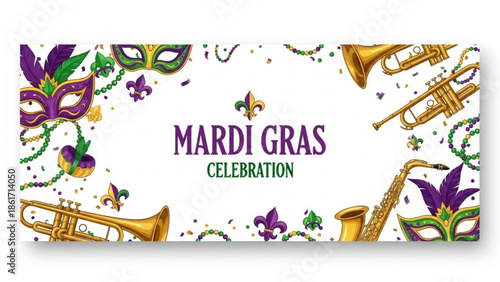 Mardi gras celebration with colorful masks, beads, and musical instruments, festive atmosphere, purple, green, gold, jazz, party, carnival, new orleans
