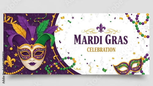 Mardi gras celebration banner with colorful masks beads and confetti on white background for festive events