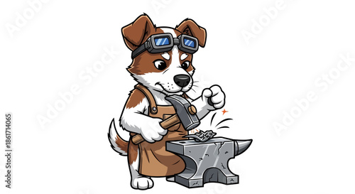 Cute jack russell dog blacksmith forging metal on an anvil, pet artisan wearing an apron and goggles working with hammer