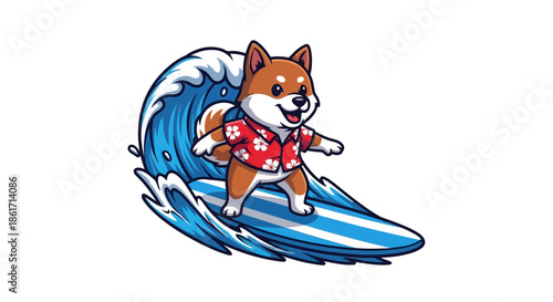 Happy shiba inu dog surfing on a large ocean wave, cute pet wearing a hawaiian shirt standing on a surfboard enjoying sport