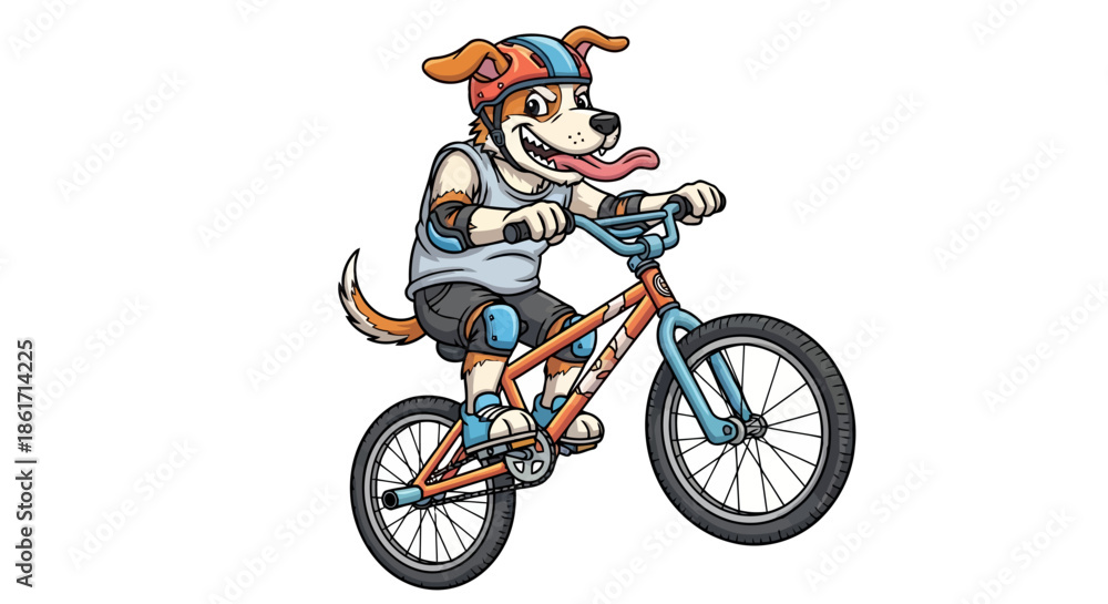 Obraz premium Cute cartoon puppy dog character riding bmx bicycle wearing helmet and elbow knee pads with tongue out isolated white background