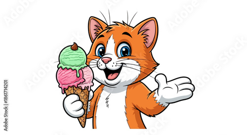 Happy orange tabby cat holding a large ice cream cone with two scoops of delicious flavor sweet dessert animal character cartoon illustration