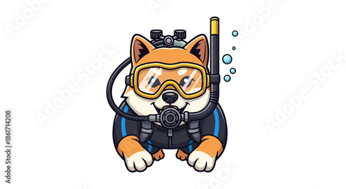 Cute shiba inu dog wearing scuba diving gear with mask snorkel and oxygen tank underwater exploration animal character cartoon illustration