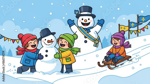 Children playing in snow with snowmen and sledding, winter fun and activities for kids outdoors in cold weather with snowflakes